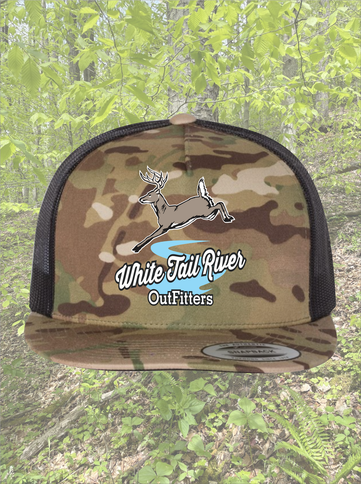 White Tail River Outfitter Logo Multicam Green/ Black Trucker Cap